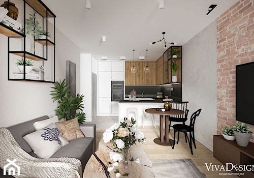 Loftowe mieszkanie w Krakowie - Mały beżowy biały salon z kuchnią z jadalnią, styl rustykalny - zdjęcie od Viva Design Rzeszów