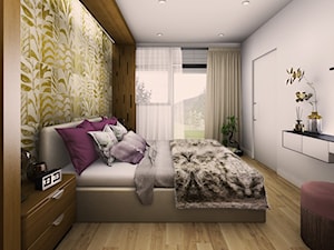 Dom w Norwegii 230 m2 - Średnia biała fioletowa sypialnia z balkonem / tarasem - zdjęcie od Viva Design Rzeszów