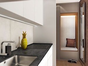Mieszkanie dla singla - Mała zamknięta z kamiennym blatem szara z zabudowaną lodówką z podblatowym zlewozmywakiem kuchnia jednorzędowa, styl minimalistyczny - zdjęcie od Viva Design Rzeszów