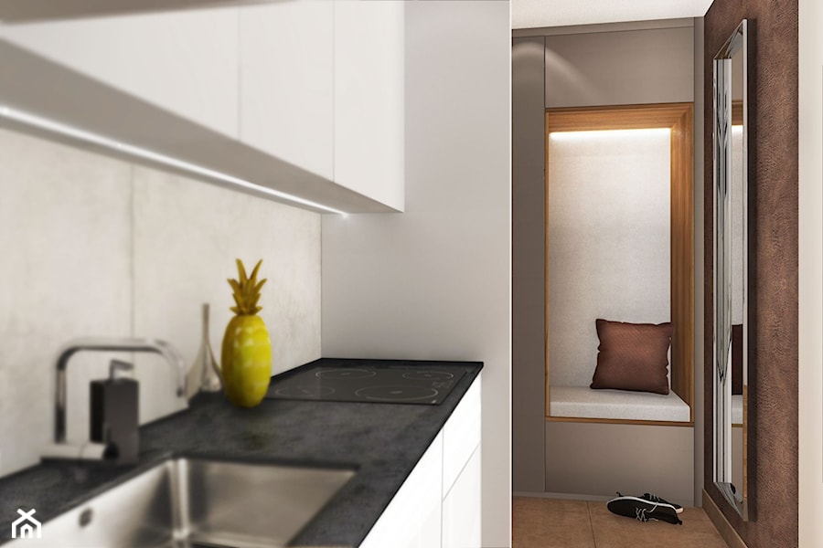 Mieszkanie dla singla - Mała zamknięta z kamiennym blatem szara z zabudowaną lodówką z podblatowym zlewozmywakiem kuchnia jednorzędowa, styl minimalistyczny - zdjęcie od Viva Design Rzeszów