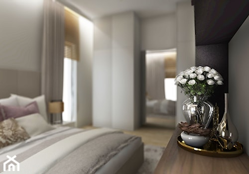 Apartament na Dzielnicy Parkowej w Rzeszowie - Średnia biała czarna szara sypialnia z balkonem / tarasem - zdjęcie od Viva Design Rzeszów