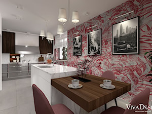 Dom w kolorach jesieni - Średnia otwarta szara z zabudowaną lodówką z podblatowym zlewozmywakiem kuchnia jednorzędowa z wyspą lub półwyspem z oknem z marmurem nad blatem kuchennym, styl nowoczesny - zdjęcie od Viva Design Rzeszów