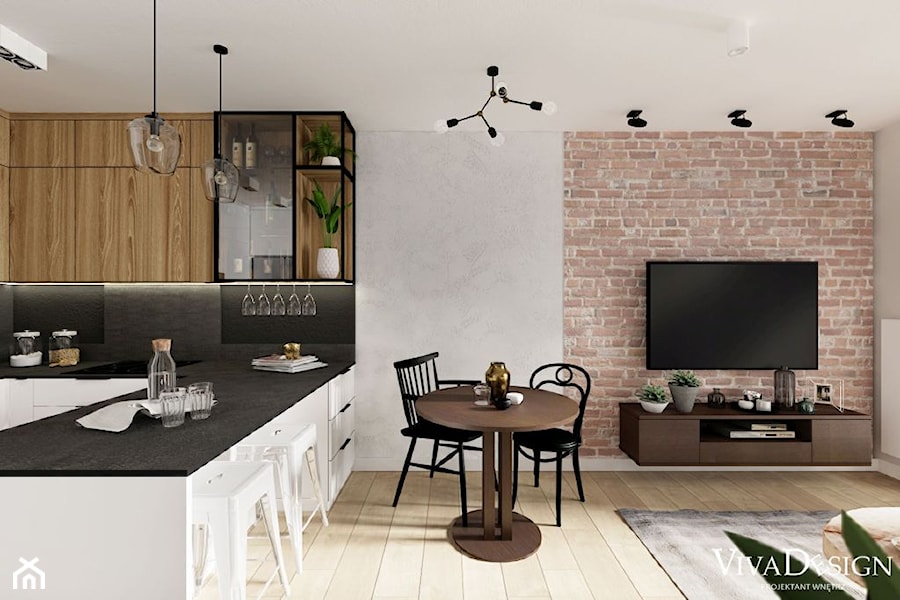 Loftowe mieszkanie w Krakowie - Średni szary salon z kuchnią z jadalnią, styl rustykalny - zdjęcie od Viva Design Rzeszów