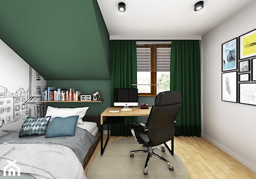 Szeregówka w Rzeszowie 120 m2 - Średnia biała zielona z biurkiem sypialnia na poddaszu - zdjęcie od Viva Design Rzeszów