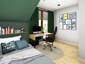 Szeregówka w Rzeszowie 120 m2 - Średnia szara zielona z biurkiem sypialnia na poddaszu z balkonem / tarasem - zdjęcie od Viva Design Rzeszów