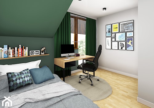 Szeregówka w Rzeszowie 120 m2 - Średnia szara zielona z biurkiem sypialnia na poddaszu z balkonem / tarasem - zdjęcie od Viva Design Rzeszów