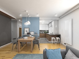 Wnętrze mieszkania na Teofilowie - Średnia biała niebieska szara jadalnia w salonie w kuchni, styl skandynawski - zdjęcie od Tu architekci