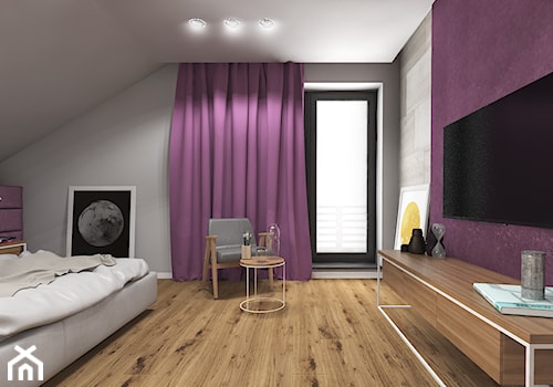 Wnętrze domu w Budach Grabskich - Duża fioletowa szara sypialnia, styl nowoczesny - zdjęcie od Tu architekci