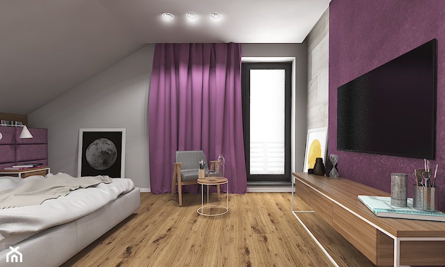 Wnętrze domu w Budach Grabskich - Duża fioletowa szara sypialnia, styl nowoczesny - zdjęcie od Tu architekci
