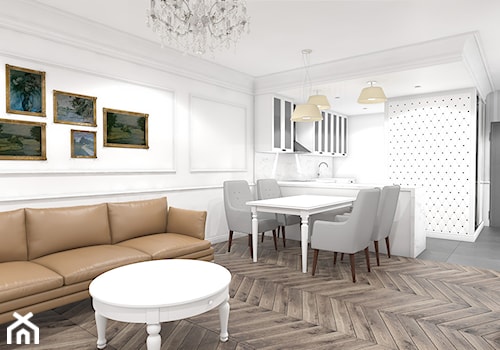 Wnętrze mieszkania w Aleksandrowie Łódzkim - Średni biały salon z kuchnią z jadalnią, styl tradycyjny - zdjęcie od Tu architekci