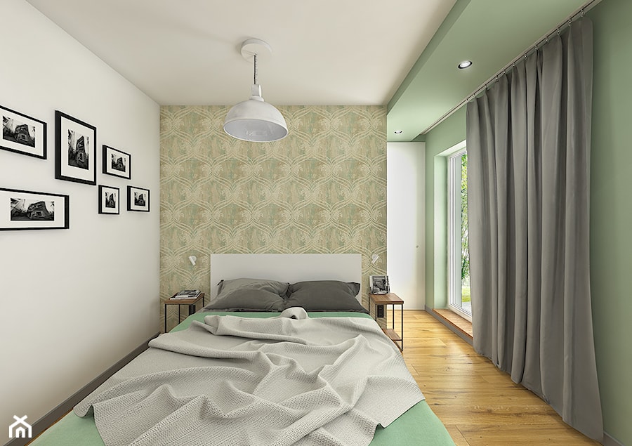 Wnętrze mieszkania na Teofilowie - Średnia biała zielona sypialnia z balkonem / tarasem, styl skand ... - zdjęcie od Tu architekci