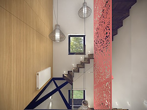 Wnętrze domu jednorodzinnego w Łodzi - Schody jednobiegowe zabiegowe kręcone drewniane, styl nowoczesny - zdjęcie od Tu architekci