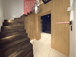 Wnętrze domu jednorodzinnego w Łodzi - Schody jednobiegowe zabiegowe kręcone drewniane, styl nowoczesny - zdjęcie od Tu architekci