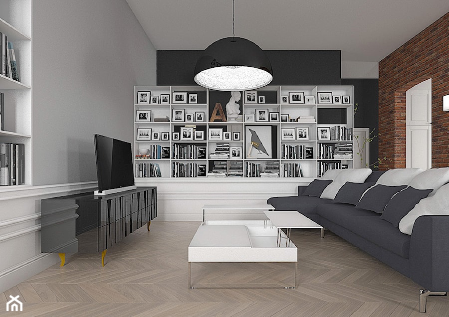 Wnętrze loftowe w Łodzi - Średni biały brązowy czarny salon, styl industrialny - zdjęcie od Tu architekci