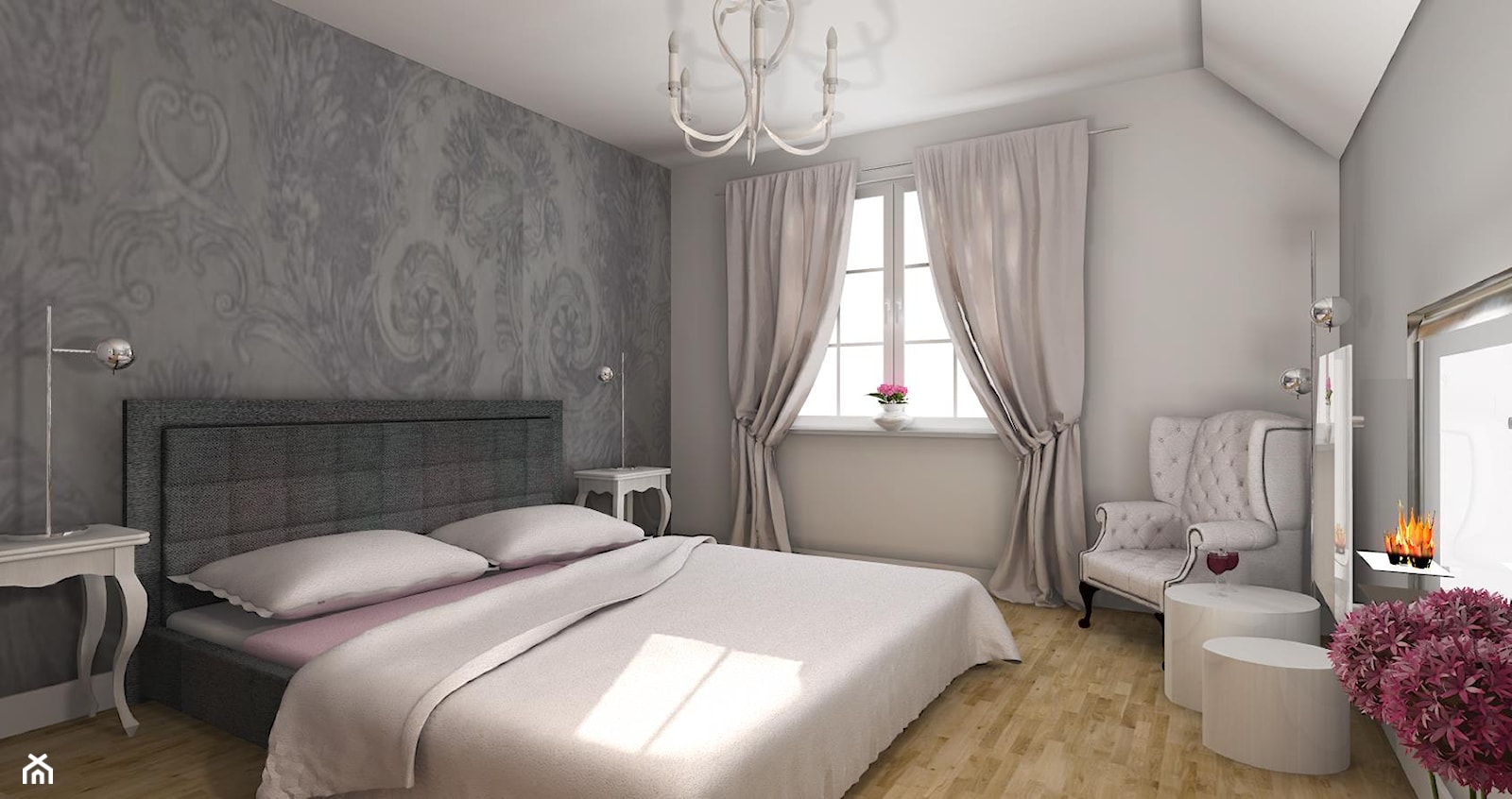 romantyczna sypialnia - Duża szara sypialnia na poddaszu, styl nowoczesny - zdjęcie od NHDESIGN - Homebook