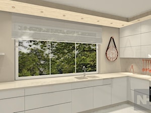 "MIEDŹ" - Duża z salonem beżowa z zabudowaną lodówką z podblatowym zlewozmywakiem kuchnia w kształcie litery l z oknem, styl nowoczesny - zdjęcie od NHDESIGN
