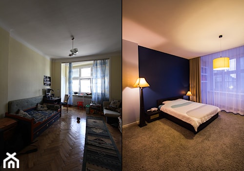 Metamorfoza mieszkania w kamienicy - Średnia beżowa niebieska szara z biurkiem sypialnia, styl minimalistyczny - zdjęcie od Justyna Przybylak