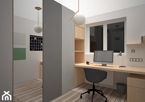 PIŁA - Średnie w osobnym pomieszczeniu z zabudowanym biurkiem beżowe szare biuro, styl nowoczesny - zdjęcie od AM Design Studio