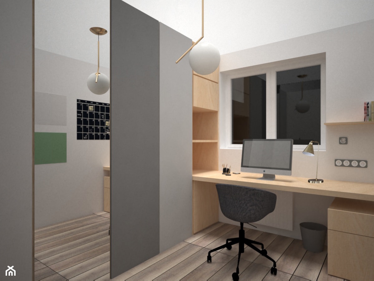 PIŁA - Średnie w osobnym pomieszczeniu z zabudowanym biurkiem beżowe szare biuro, styl nowoczesny - zdjęcie od AM Design Studio - Homebook