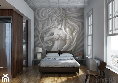 SYPIALNIA - Średnia biała sypialnia z łazienką - zdjęcie od PIXERS