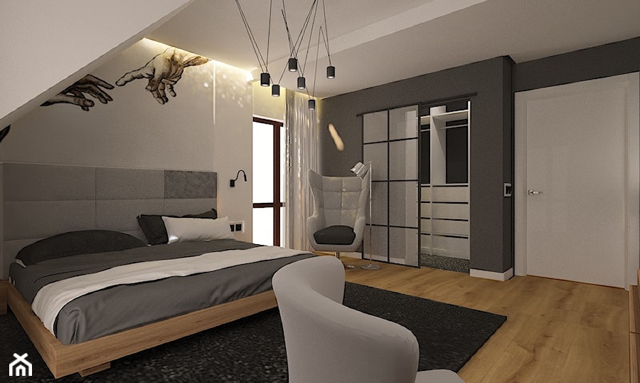 Dom w Ozorzycach - Duża biała czarna sypialnia na poddaszu, styl nowoczesny - zdjęcie od Pracownia Projektowa "Interior-Art"