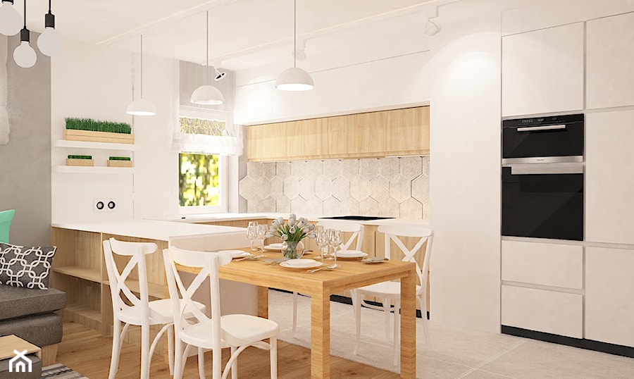 Mieszkanie na Suwalskiej - Średnia otwarta z salonem biała z zabudowaną lodówką kuchnia w kształcie litery u z oknem, styl skandynawski - zdjęcie od Pracownia Projektowa "Interior-Art"