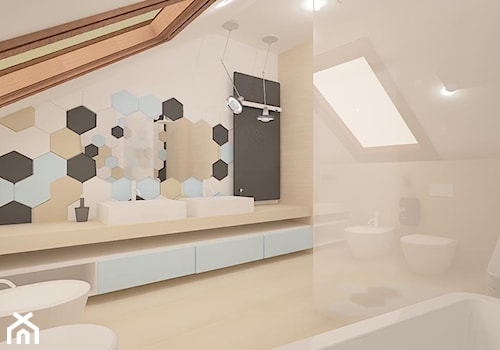Dom na Maślicach - Duża na poddaszu z lustrem z dwoma umywalkami z marmurową podłogą z punktowym oświetleniem łazienka z oknem, styl nowoczesny - zdjęcie od Pracownia Projektowa "Interior-Art"