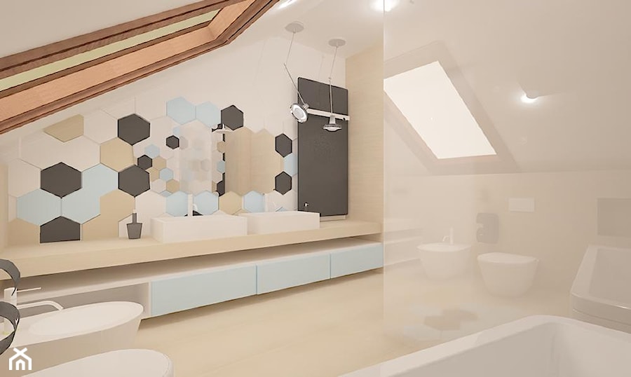 Dom na Maślicach - Duża na poddaszu z lustrem z dwoma umywalkami z marmurową podłogą z punktowym oświetleniem łazienka z oknem, styl nowoczesny - zdjęcie od Pracownia Projektowa "Interior-Art"