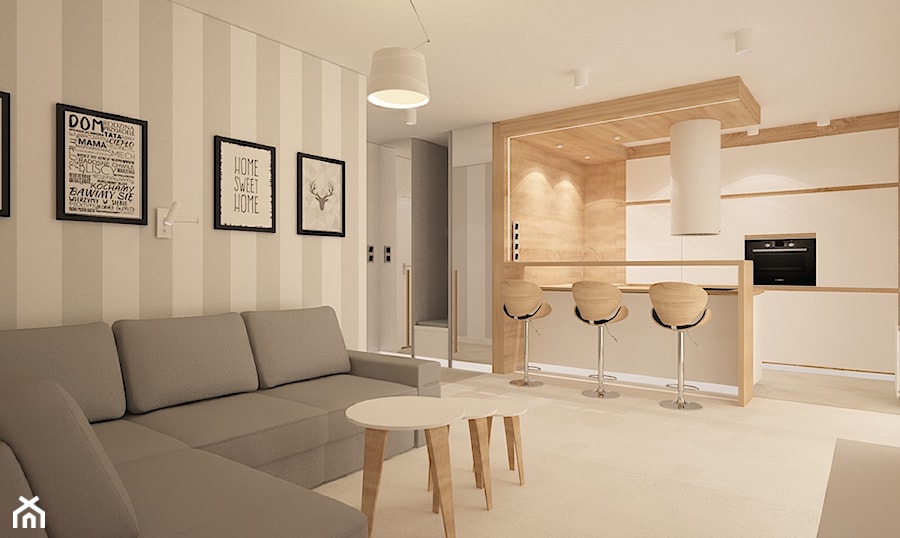 Mieszkanie na wynajem - Średni biały szary salon z kuchnią z jadalnią, styl skandynawski - zdjęcie od Pracownia Projektowa "Interior-Art"