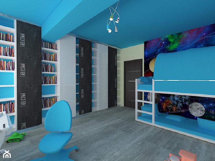 Dom w Lubinie - Duży biały czarny niebieski pokój dziecka dla dziecka dla nastolatka dla chłopca, styl tradycyjny - zdjęcie od Pracownia Projektowa "Interior-Art"