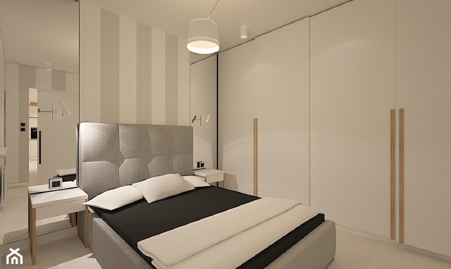 Mieszkanie na wynajem - Mała biała szara sypialnia, styl skandynawski - zdjęcie od Pracownia Projektowa "Interior-Art"