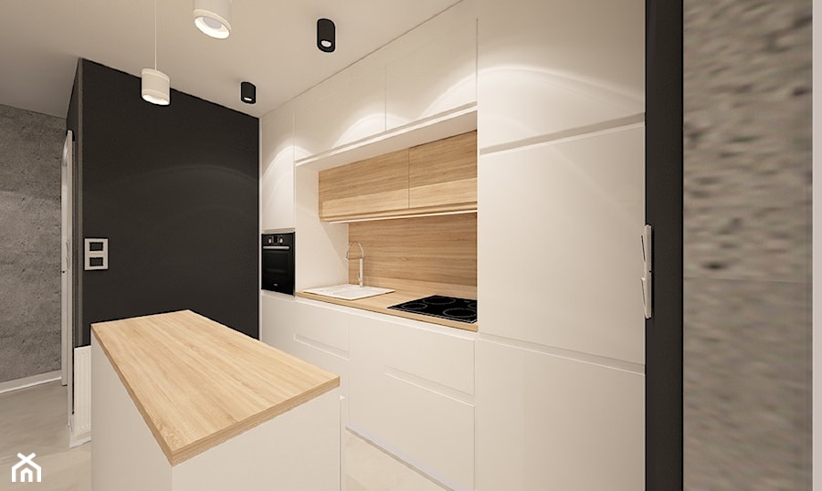 Mieszkanie na wynajem_2 - Średnia otwarta czarna szara z zabudowaną lodówką z nablatowym zlewozmywakiem kuchnia jednorzędowa z wyspą lub półwyspem, styl nowoczesny - zdjęcie od Pracownia Projektowa "Interior-Art"