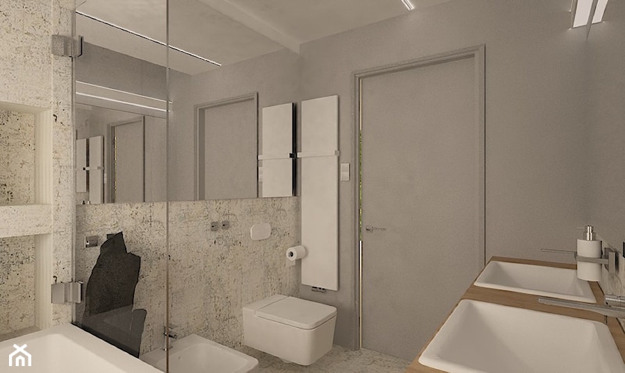 Dom w Lubinie 2 - Średnia bez okna z lustrem z dwoma umywalkami z marmurową podłogą łazienka, styl nowoczesny - zdjęcie od Pracownia Projektowa "Interior-Art"