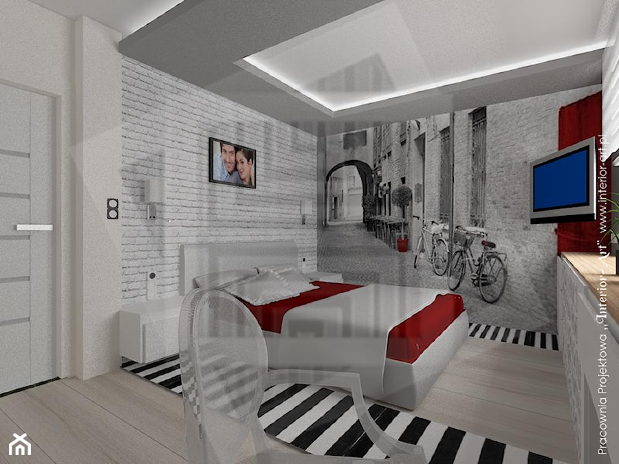 Czerwono-czarno-biała sypialnia - zdjęcie od Pracownia Projektowa "Interior-Art"