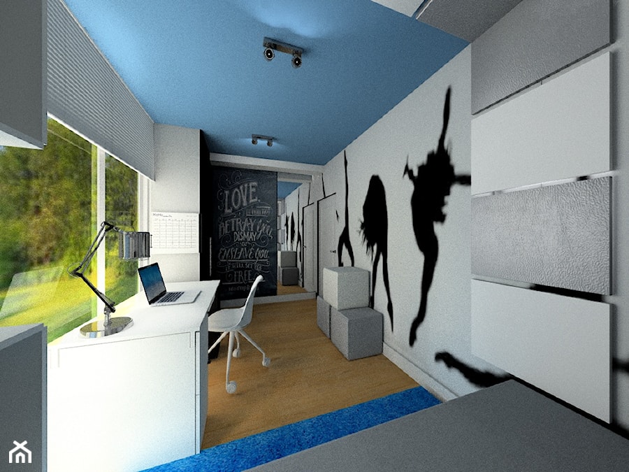 Ciechanowska, Wrocław - Średni biały czarny szary niebieski z panelami tapicerowanymi pokój dziecka dla nastolatka, styl nowoczesny - zdjęcie od Pracownia Projektowa "Interior-Art"