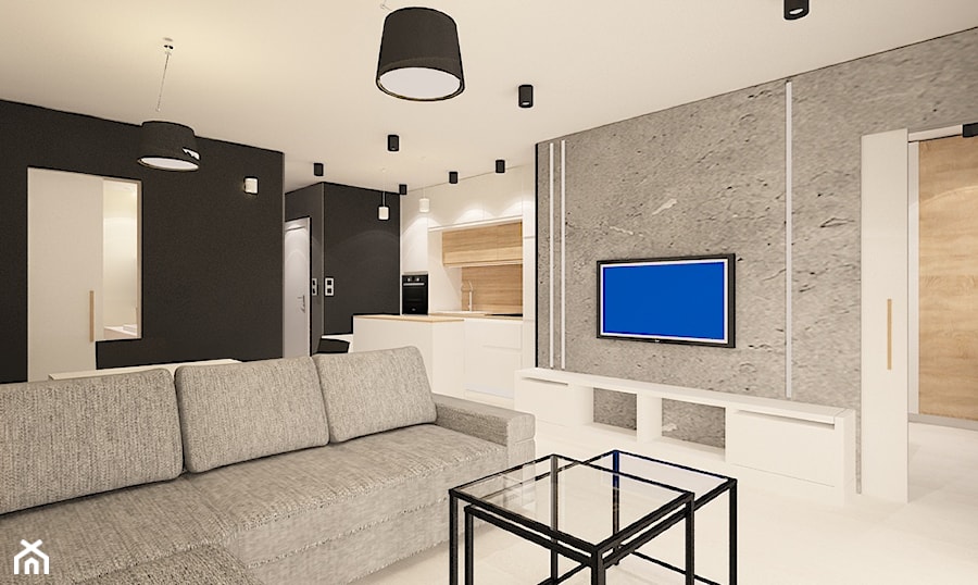 Mieszkanie na wynajem_2 - Duży biały czarny salon z kuchnią, styl nowoczesny - zdjęcie od Pracownia Projektowa "Interior-Art"