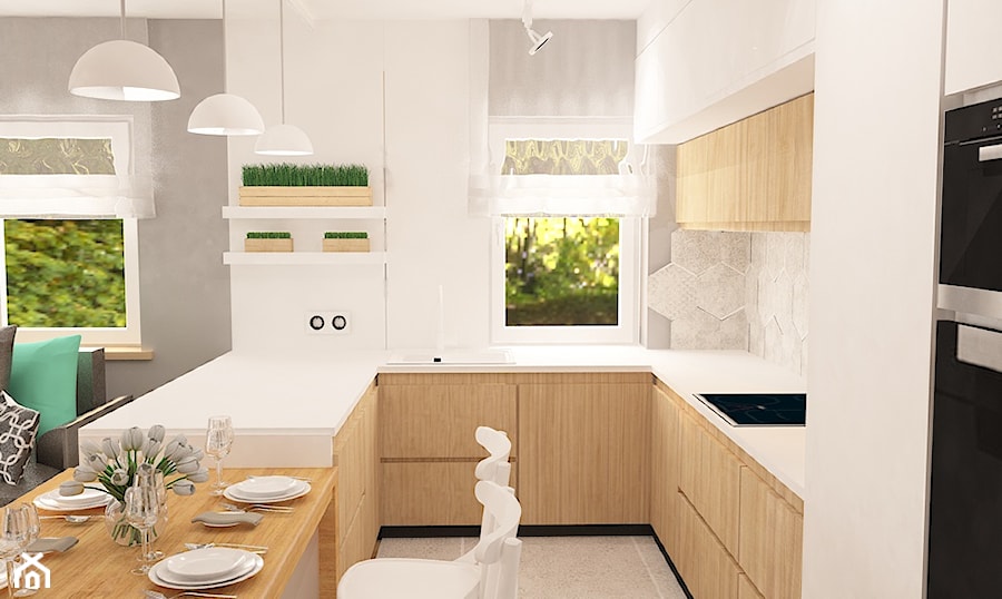 Mieszkanie na Suwalskiej - Średnia otwarta biała szara z zabudowaną lodówką z nablatowym zlewozmywakiem kuchnia w kształcie litery u z wyspą lub półwyspem z oknem, styl skandynawski - zdjęcie od Pracownia Projektowa "Interior-Art"