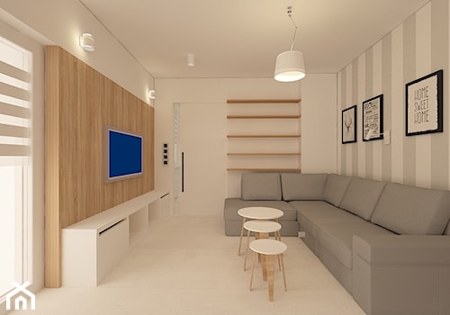 Mieszkanie na wynajem - Średni biały salon z tarasem / balkonem, styl skandynawski - zdjęcie od Pracownia Projektowa "Interior-Art"