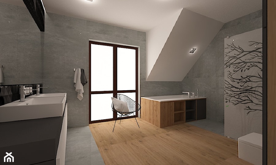 Dom w Ozorzycach - Duża na poddaszu z dwoma umywalkami z punktowym oświetleniem łazienka z oknem, styl nowoczesny - zdjęcie od Pracownia Projektowa "Interior-Art"