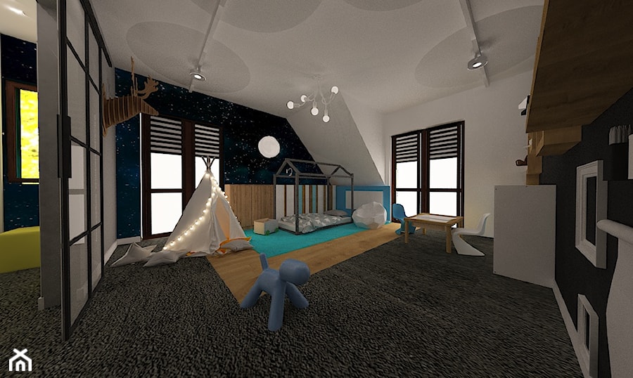 Dom w Ozorzycach - Duży biały czarny szary niebieski pokój dziecka dla dziecka dla chłopca, styl nowoczesny - zdjęcie od Pracownia Projektowa "Interior-Art"