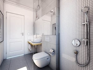 Łazienka w bieli - Mała bez okna z lustrem z punktowym oświetleniem łazienka, styl nowoczesny - zdjęcie od Monolit Studio