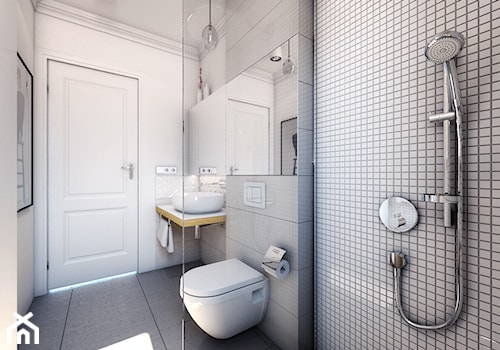 Łazienka w bieli - Mała bez okna z lustrem z punktowym oświetleniem łazienka, styl nowoczesny - zdjęcie od Monolit Studio