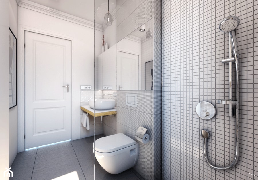 Łazienka w bieli - Mała bez okna z lustrem z punktowym oświetleniem łazienka, styl nowoczesny - zdjęcie od Monolit Studio - Homebook