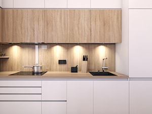 Salon z kuchnią - Średnia z salonem biała z zabudowaną lodówką z podblatowym zlewozmywakiem kuchnia w kształcie litery l - zdjęcie od Schemat