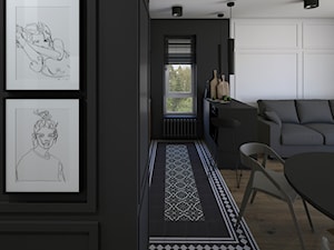 Mała otwarta z salonem z kamiennym blatem czarna z zabudowaną lodówką kuchnia jednorzędowa z oknem, styl glamour - zdjęcie od Schemat