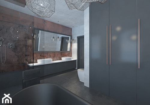 Miedź - Średnia bez okna z dwoma umywalkami z marmurową podłogą łazienka, styl nowoczesny - zdjęcie od Schemat