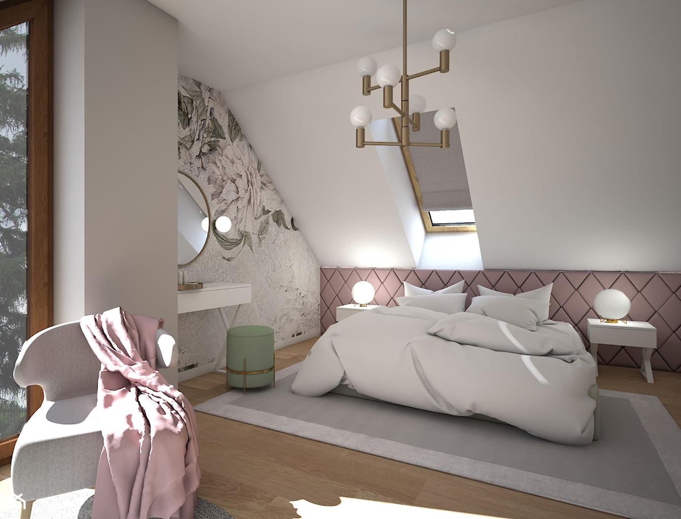 Sypialnia Glamour - Średnia biała szara sypialnia na poddaszu, styl glamour - zdjęcie od Schemat - Homebook