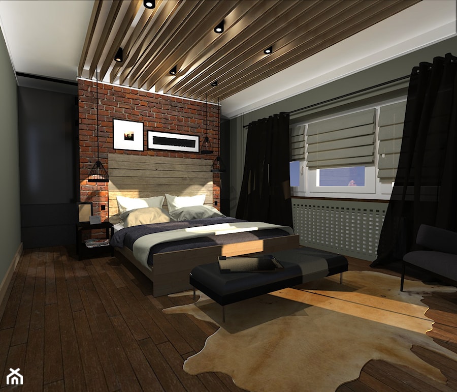 Duża czarna szara sypialnia, styl rustykalny - zdjęcie od Schemat