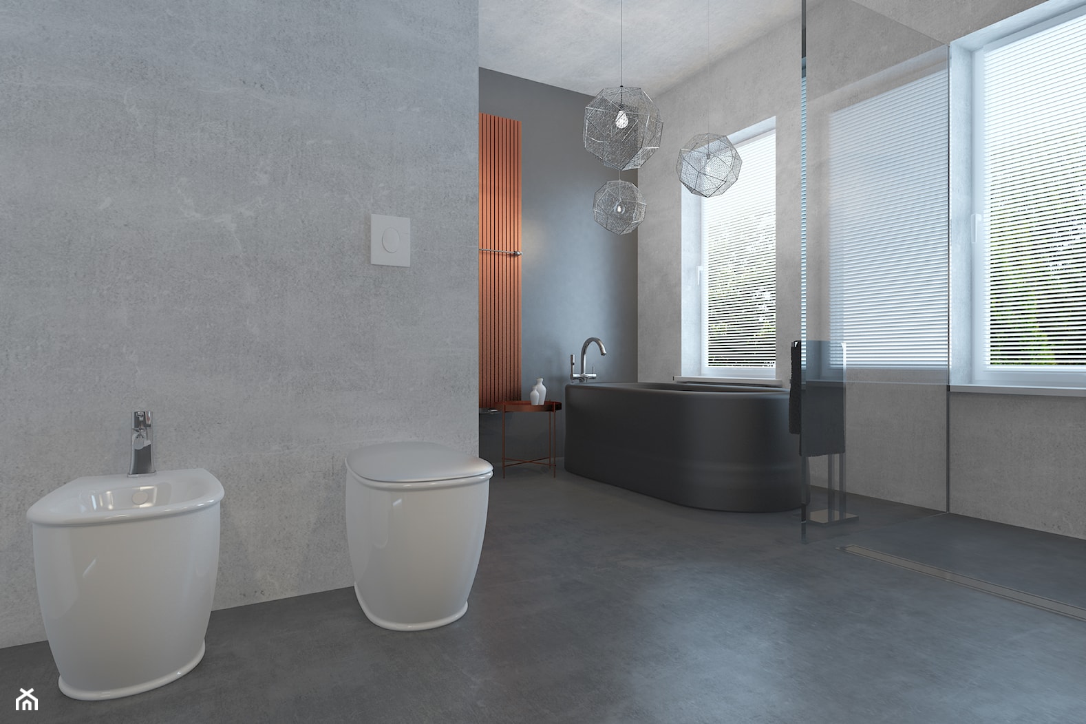 Miedź - Średnia na poddaszu z marmurową podłogą łazienka z oknem, styl nowoczesny - zdjęcie od Schemat - Homebook