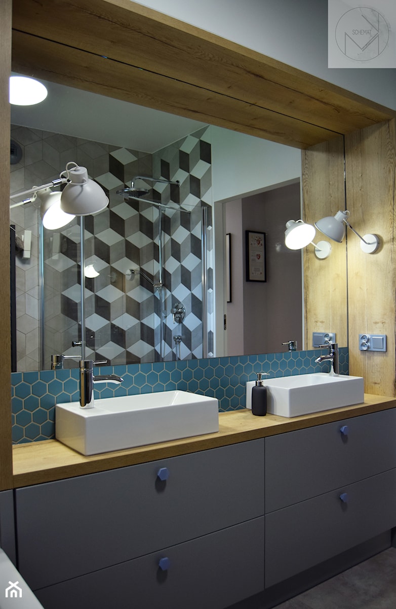 Mieszkanie Kolor - Bez okna z lustrem z dwoma umywalkami łazienka, styl nowoczesny - zdjęcie od Schemat